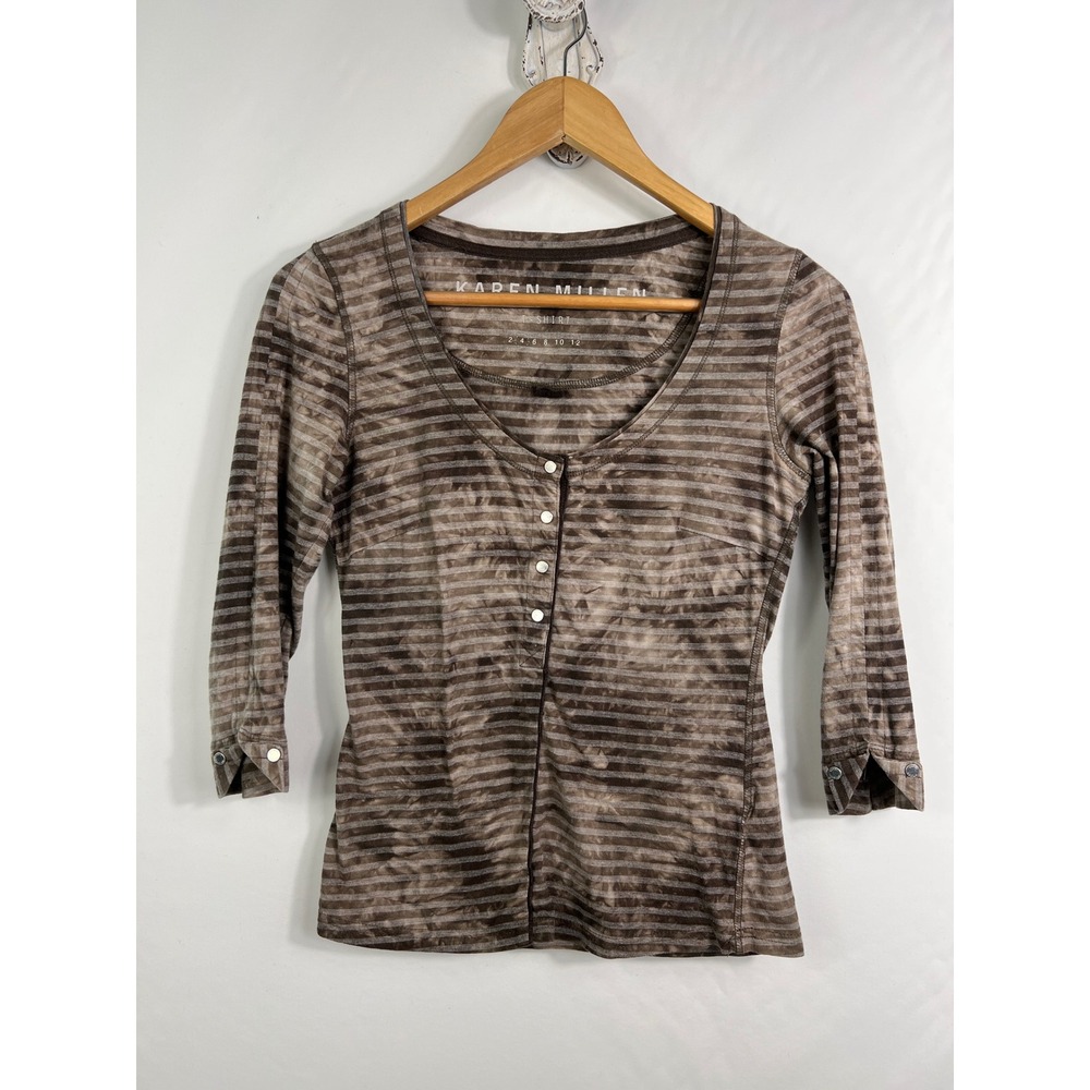 Karen Millen Brown Striped Tie Dye Henley Top 3/4 Sleeve Scoop Neck Size 4